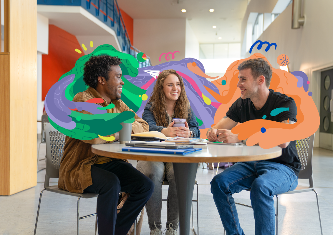 An image of three students sitting at a table smiling with some graphics added